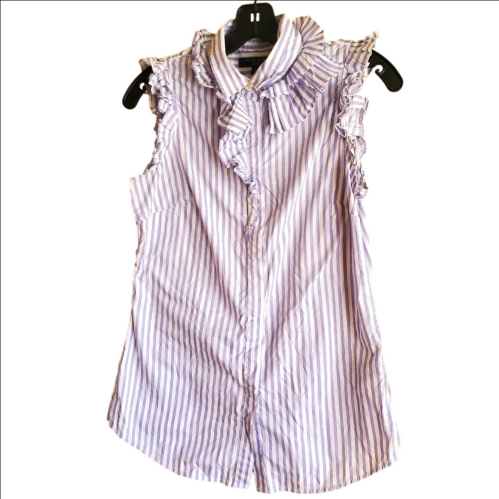 Banana Republic Riley Shirt Lavender Stripe White Ruffle Sleeveless Collar 6